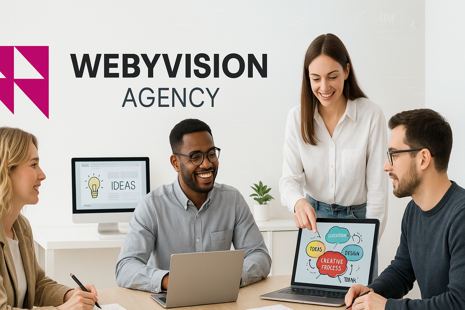 Équipe de l'agence WebyVision en réunion créative avec logo visible, collaboration autour de stratégies digitales et marketing, WebyVision Agency.